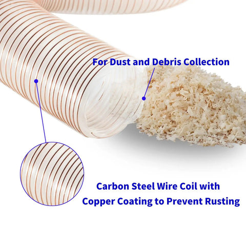 Heavy Duty 1.5 Inch Clear Polyurethane Dust Collection Hose With Hose Clamps Flexible Air Tubing For Shop Vacs showing carbon steel coil and sawdust.
