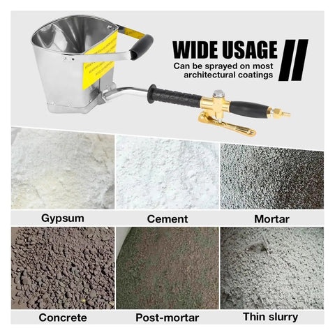 Heavy Duty Portable Pneumatic Cement Mortar Sprayer Featuring Four Hole Nozzle, wide mouth bucket, and air connection with various materials.