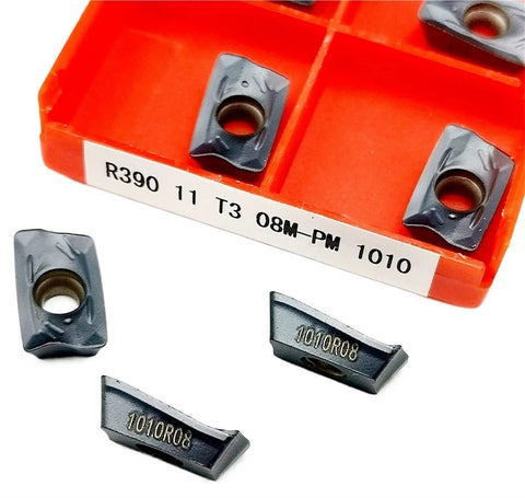 Heavy Duty Indexable Carbide Lathe Tool For External Turning R390 11T308 Cutting Blade with R390 inserts in an orange case.