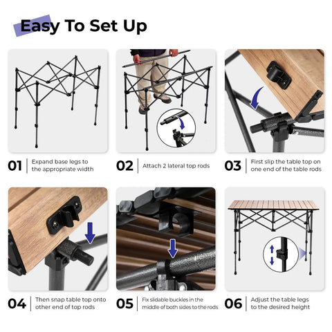 Instructions for setting up Foldable Aluminum Camping Table With Carry Bag Ultralight Roll Up Design Adjustable Height Indoor Outdoor Use Sturdy Easy Set Up For Camping Picnics Backyard BBQ Patio Wood Grain Finish