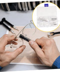 Hands using Eyeglass Repair Tool Kit With Nose Pads And Tiny Screws For Quick Eyewear Maintenance on glasses with tool set shown