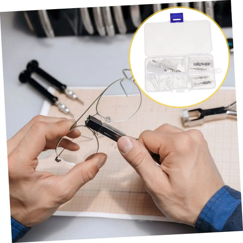 Hands using Eyeglass Repair Tool Kit With Nose Pads And Tiny Screws For Quick Eyewear Maintenance on glasses with tool set shown