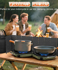 Two Burner Propane Camping Stove 34000 BTU Foldable Outdoor Gas Stove with pots on wooden table, windshield, and carry bag