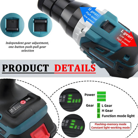 26V Cordless Rivet Gun With Brushless Motor And LED Work Light, Complete Riveting Set With Two Configuration Options, Includes 3 Interchangeable Guides, 5200mAh Battery, Charger, And M3 To M8 Rivet Nut Mandrels, gear controls and battery display