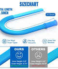 Universal Dryer Vent Vacuum Attachment Kit For Most Vacuums, Easy Breezy Lint Remover shown with size chart and blue hose