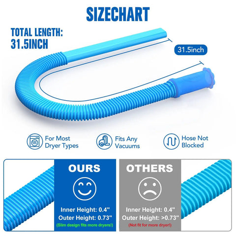 Universal Dryer Vent Vacuum Attachment Kit For Most Vacuums, Easy Breezy Lint Remover shown with size chart and blue hose