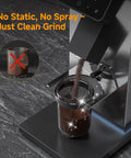 Commercial Grade 64mm Flat Burr Coffee Grinder Hella Precise With 90 Adjustments For Espresso Pour Over French Press Anti Static DC Motor pouring fresh coffee grounds into a clear container.