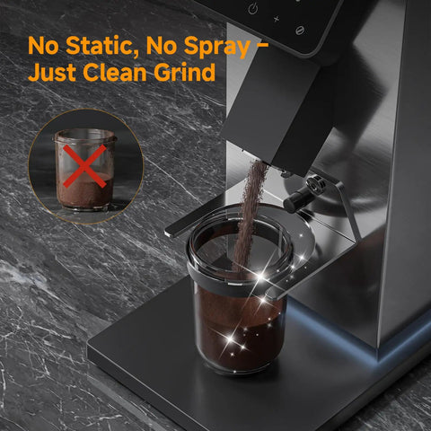Commercial Grade 64mm Flat Burr Coffee Grinder Hella Precise With 90 Adjustments For Espresso Pour Over French Press Anti Static DC Motor pouring fresh coffee grounds into a clear container.