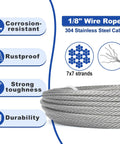 Close-up of 1/8 inch stainless steel wire rope with 7x7 strands, corrosion-resistant, rustproof, durable. One Eighth Inch Stainless Steel Wire Rope Kit 400 Feet Of Aircraft Cable With M5 Turnbuckles 7x7 Strands Includes Thimbles And Ferrules Heavy Duty Kit For Deck Railing Clothesline String Lights And Fence.