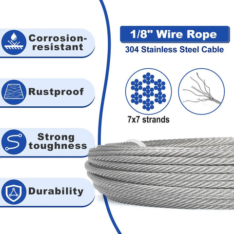 Close-up of 1/8 inch stainless steel wire rope with 7x7 strands, corrosion-resistant, rustproof, durable. One Eighth Inch Stainless Steel Wire Rope Kit 400 Feet Of Aircraft Cable With M5 Turnbuckles 7x7 Strands Includes Thimbles And Ferrules Heavy Duty Kit For Deck Railing Clothesline String Lights And Fence.