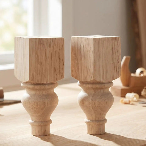 Solid Wood Furniture Legs Set 5.9 Inch Round Unfinished Sofa Feet For Bench And Coffee Table With Carved Surface displayed on table.