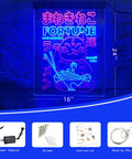 Beckoning Cat Neon Sign for Wall Decor LED Luck Light With Ramen Theme, Japanese Lucky Cat Wall Art, 16x24 inches, blue and red glow.