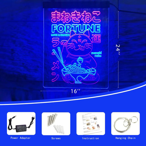 Beckoning Cat Neon Sign for Wall Decor LED Luck Light With Ramen Theme, Japanese Lucky Cat Wall Art, 16x24 inches, blue and red glow.