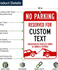 No Parking Sign For Biz Use, Custom Reserved Parking Sign 10x14 Inches, Rust Free 040 Aluminum, Fade Resistant, Made In USA, Durable Outdoor Office Sign With Post Holes showing various features like pre-drilled holes, crisp printing, and UV protection.