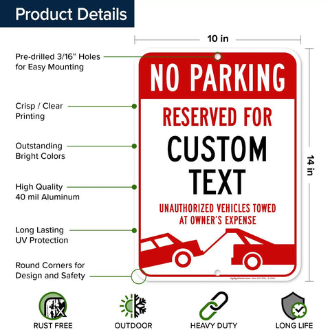 No Parking Sign For Biz Use, Custom Reserved Parking Sign 10x14 Inches, Rust Free 040 Aluminum, Fade Resistant, Made In USA, Durable Outdoor Office Sign With Post Holes showing various features like pre-drilled holes, crisp printing, and UV protection.