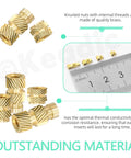 Knurled brass heat set threaded inserts shown with ruler for size, part of All In One Brass Heat Set Threaded Inserts M2 To M5 For Plastic And 3D Printing Includes 160 Hex Socket Head Cap Bolts 160 Nuts 160 Washers And 5 Allen Wrenches