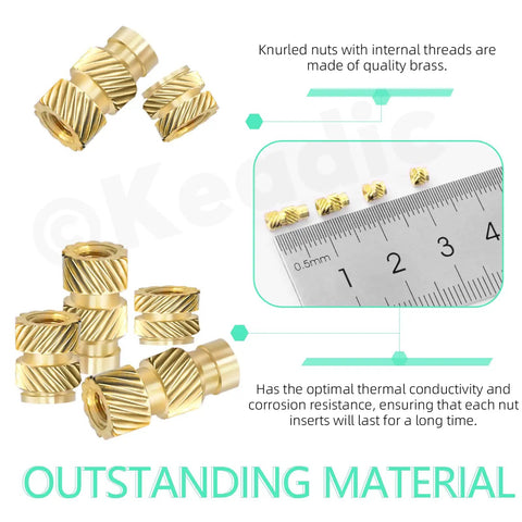 Knurled brass heat set threaded inserts shown with ruler for size, part of All In One Brass Heat Set Threaded Inserts M2 To M5 For Plastic And 3D Printing Includes 160 Hex Socket Head Cap Bolts 160 Nuts 160 Washers And 5 Allen Wrenches