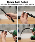 Flexible Shaft Extension For Impact Tools 360 Degree Bend To Reach Tight Auto Repair Spaces Half Inch Drive With Three Eighths Inch And One Quarter Inch End Sockets Hand Drill And Ratchet Accessory For Narrow Gaps shown being used with a hand drill
