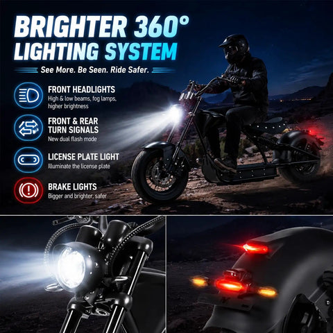 High Output 4000W Electric Motorcycle With A Dual 60V Battery Rig Delivering Over One Hundred Ten Miles Per Charge And Rolling Fifty MPH Tops With Quick Hydraulic Brake Stops For Adults Who Want Zero Hassle And Maximum Thrill showcasing its 360° lighting system.