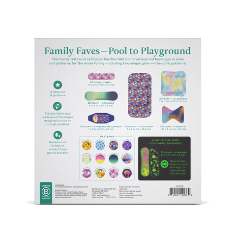 Back view of 160 count refill pack of flex fabric bandages, featuring bandage sizes, patterns, waterproof and glow in the dark options