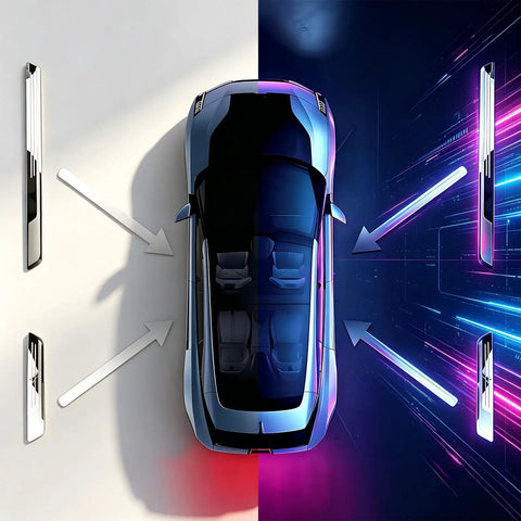 Rock Solid Stainless Steel Door Sill Guards For Tesla Cybertruck 2023 2025 with brushed finish highlights and light effects.