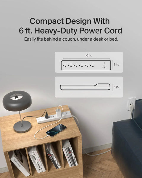 6 Outlet Surge Protector Power Strip Featuring A 360 Degree Rotating Plug And 6 Foot Cord on a wooden side table.