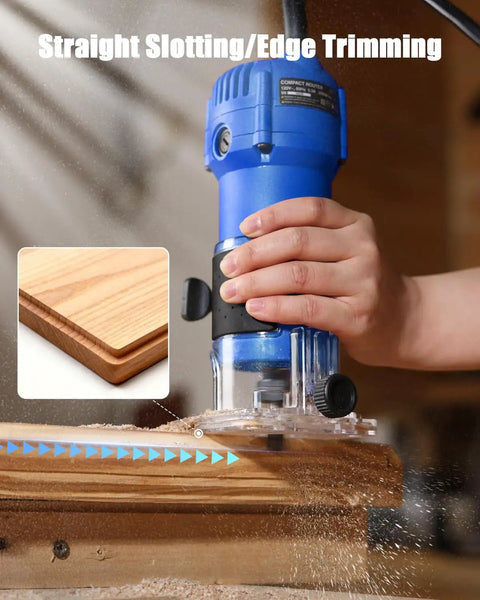 630W Compact Wood Router With Fixed Base And Beast Mode 35000 Rpm Motor used for precise edge trimming on wood.