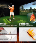 Man using Ultra Safe Fireproof Golf Simulator Impact Screen For Indoor Training with 3D air mesh and fireproof comparison.