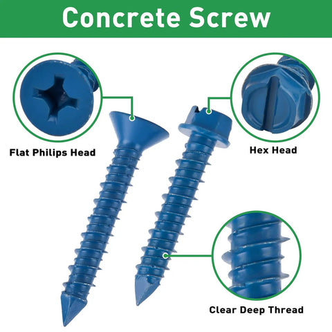 Image of 260Pcs Concrete Screws With Drill Bit DIY Friendly Assortment Kit showing flat and hex head masonry screws with blue Ruspert coating.