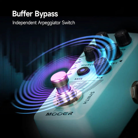 Pocket Sized Guitar Synth Pedal With Seven Polyphonic Tones, Individual Arpeggiator, Seven Preset Slots, showing buffer bypass
