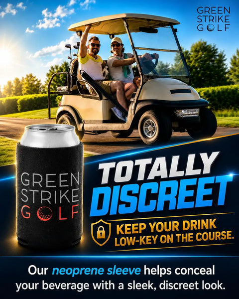 Golfers in cart using 9 Can Golf Beer Sleeve XL Cooler With 7 Reusable Ice Pucks 360 Degree Insulation, neoprene can holder.