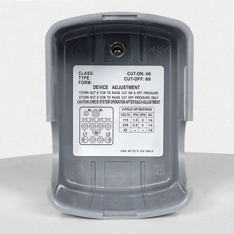 Rear view showing cut-on and cut-off settings of 40 To 60 PSI Water Pressure Switch For Well Pumps, 1/4 Inch Female NPT