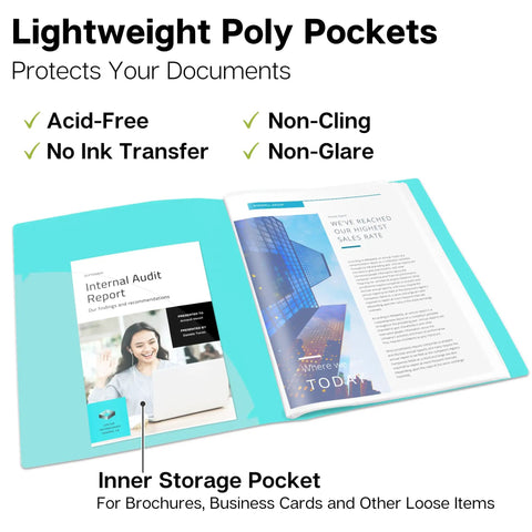 Meeting Ready 24-Pocket Presentation Binder For 8.5x11 Documents, highlighting acid-free non-glare sleeves and inner storage pocket