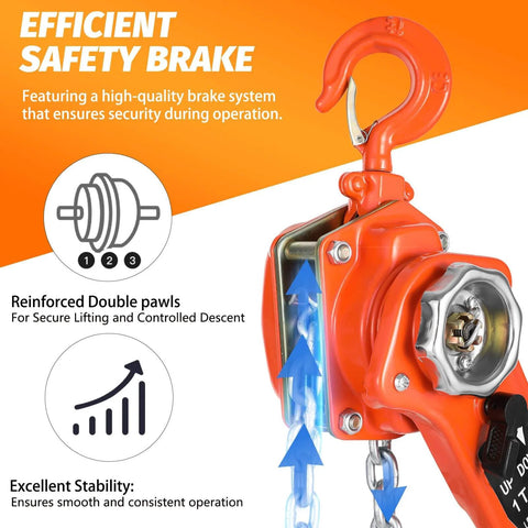 Close-up of Lever Chain Hoist 1 Ton 3M Chain Length Manual Ratchet Puller Hoist showing safety brake and reinforced double pawls.