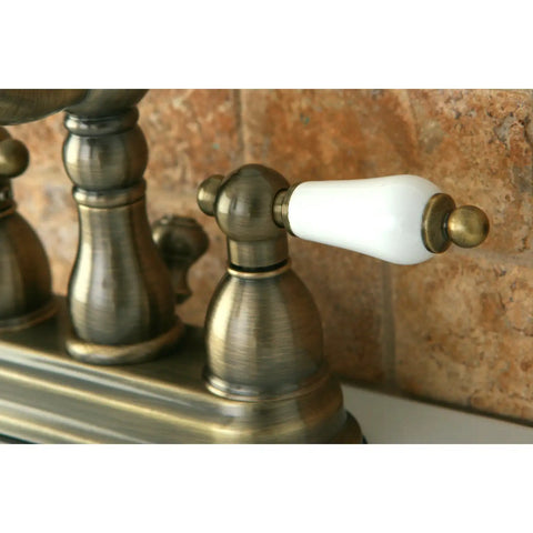Antique Brass 4-Inch Centerset Bathroom Faucet Deck Mount 3-Hole Setup with Drip-Free Washerless Cartridge handle detail