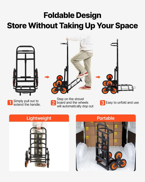 Stair Climbing Dolly With Telescoping Handle 460 Lb Capacity Heavy Duty Folding Trolley Cart with six wheels, compact design.