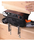 600W Electric Belt Sander With Variable Speed Control And Copper Motor, mounted on wooden surface for sanding.