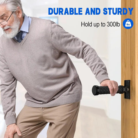 Senior man using Heavy Duty Folding Grab Bar With Smooth Flip Action For Doorways And Stairs Space Saving Wall Mount Assist Handle.