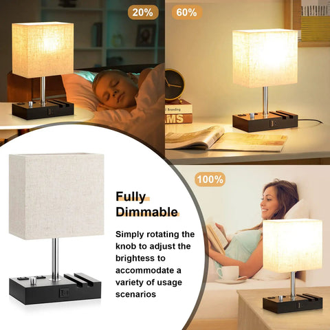 Set Of 2 Dimmable Beige Bedside Lamps With USB C Ports And Dual Charging Outlets, shown in living room with phone stand