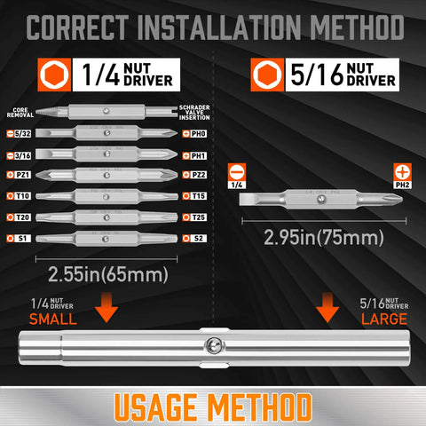 Diagram showing driver bits and dimensions for 18 In 1 Multi Bit Screwdriver Set With Ergonomic Handle Portable All In One Tool Kit For Slotted Phillips Pozidriv Torx.