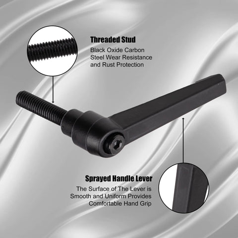 Close-up of a 4 Piece Adjustable Clamping Lever Handles Set With M6 X 20mm Quick Release Bolt, emphasizing black oxide carbon steel threaded stud and handle lever.