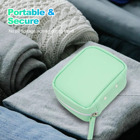 Waterproof Pill Organizer Set With 14 Color Coded Pouches Twice Daily Large Pill Holder for Seven Days in mint green case.