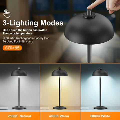 Cordless Table Lamp With 5200mAh Battery, LED Portable Touch Desk Light showcasing three lighting modes with a touch button.