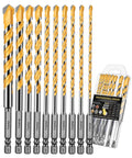 Faqeegi 10-piece 6-inch carbide-tipped masonry drill bit set with hex shanks for concrete and tile (5/32"–1/2").