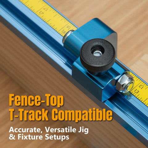 Slick 3 Inch T Track Flip Fence Stops For Table Saw Miter Saw And Drill Press With 5/16 Inch T Bolts, showing precision measuring setup.