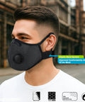 Man wearing Silver And Black Upgrade M Plus Dust Mask Reusable Respirator With 6 Activated Carbon Filters outdoors.