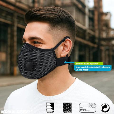 Man wearing Six Activated Carbon Filters Reusable Dust Mask With Upgraded M Plus Respirator For Woodworking And Construction Work Heavy Duty Shield Built For Paint Dust And Yard Debris In Sleek Silver And Black