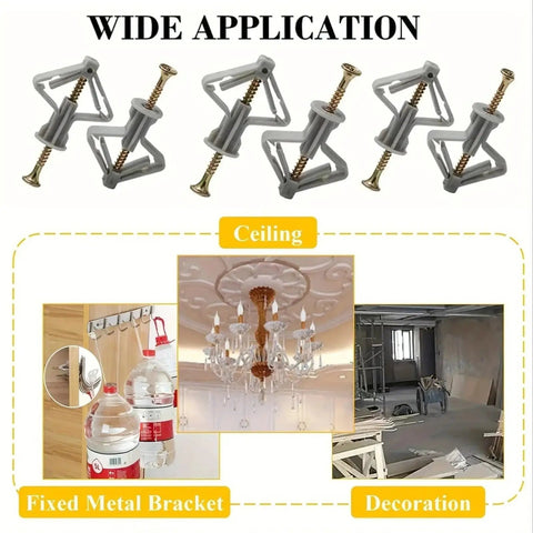 Diagram showing 100 Pack Self Drilling Anchor Screws M3.5 Hollow Wall Kit With Expansion Tubes And Zinc Plated Screws No Tools Needed For Quick DIY Mounting on ceilings and brackets.
