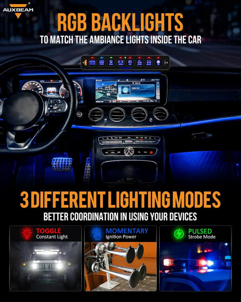 8 Gang Slim Switch Panel With RGB Backlit LED installed in car dashboard with toggle, momentary, and pulsed lighting modes.