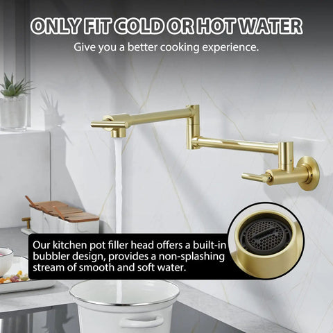 Gold Pot Filler Wall Mount Faucet With Double Joint Swing Arm Two Handle Single Hole Kitchen Faucet High Flow Brass Construction